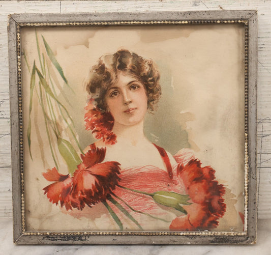Lot 130 - Antique Chromolithograph Print Of Woman In Red Dress With Flowers By Maud Stumm In Silver Painted Wood Frame, 8-3/4" x 8-1/4"