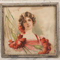 Lot 130 - Antique Chromolithograph Print Of Woman In Red Dress With Flowers By Maud Stumm In Silver Painted Wood Frame, 8-3/4" x 8-1/4"