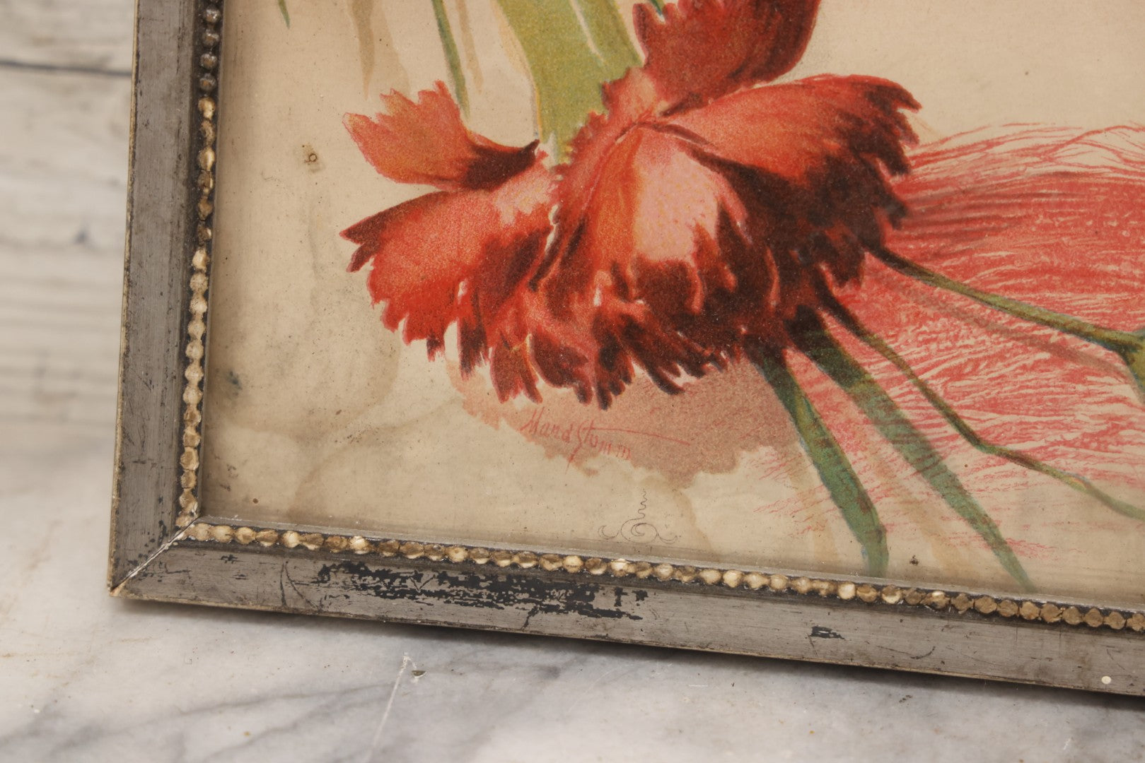 Lot 130 - Antique Chromolithograph Print Of Woman In Red Dress With Flowers By Maud Stumm In Silver Painted Wood Frame, 8-3/4" x 8-1/4"