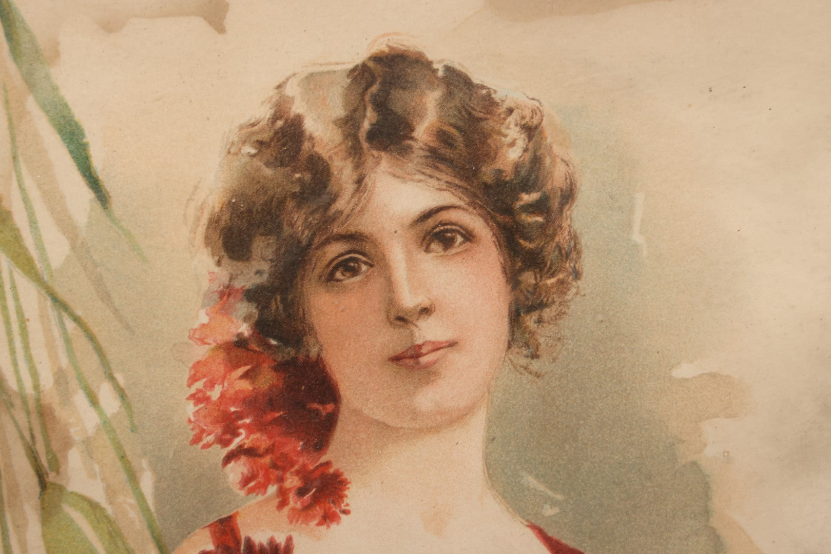 Lot 130 - Antique Chromolithograph Print Of Woman In Red Dress With Flowers By Maud Stumm In Silver Painted Wood Frame, 8-3/4" x 8-1/4"