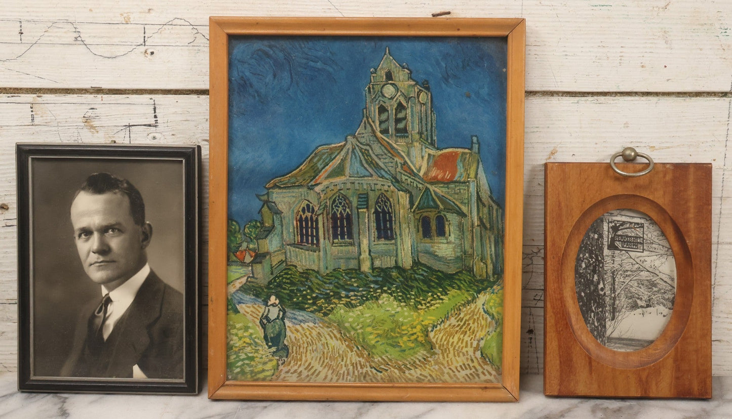 Lot 131 - Grouping Of Three Vintage Framed Artworks: 1937 Portrait Photograph Framed By Foster Bros., Boston; Photograph Of Peaked Hill Farm Entrance; And Reproduction Print Of Van Gogh's "Church At Auvers"