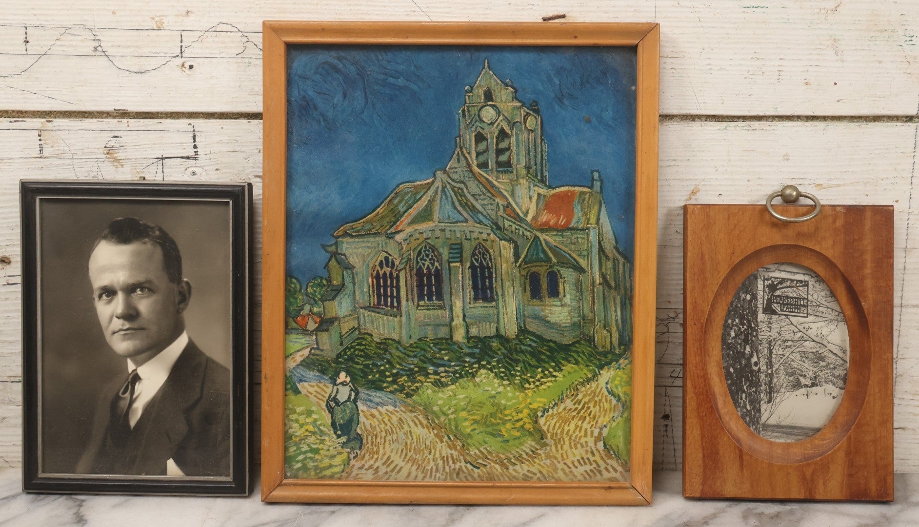Lot 131 - Grouping Of Three Vintage Framed Artworks: 1937 Portrait Photograph Framed By Foster Bros., Boston; Photograph Of Peaked Hill Farm Entrance; And Reproduction Print Of Van Gogh's "Church At Auvers"