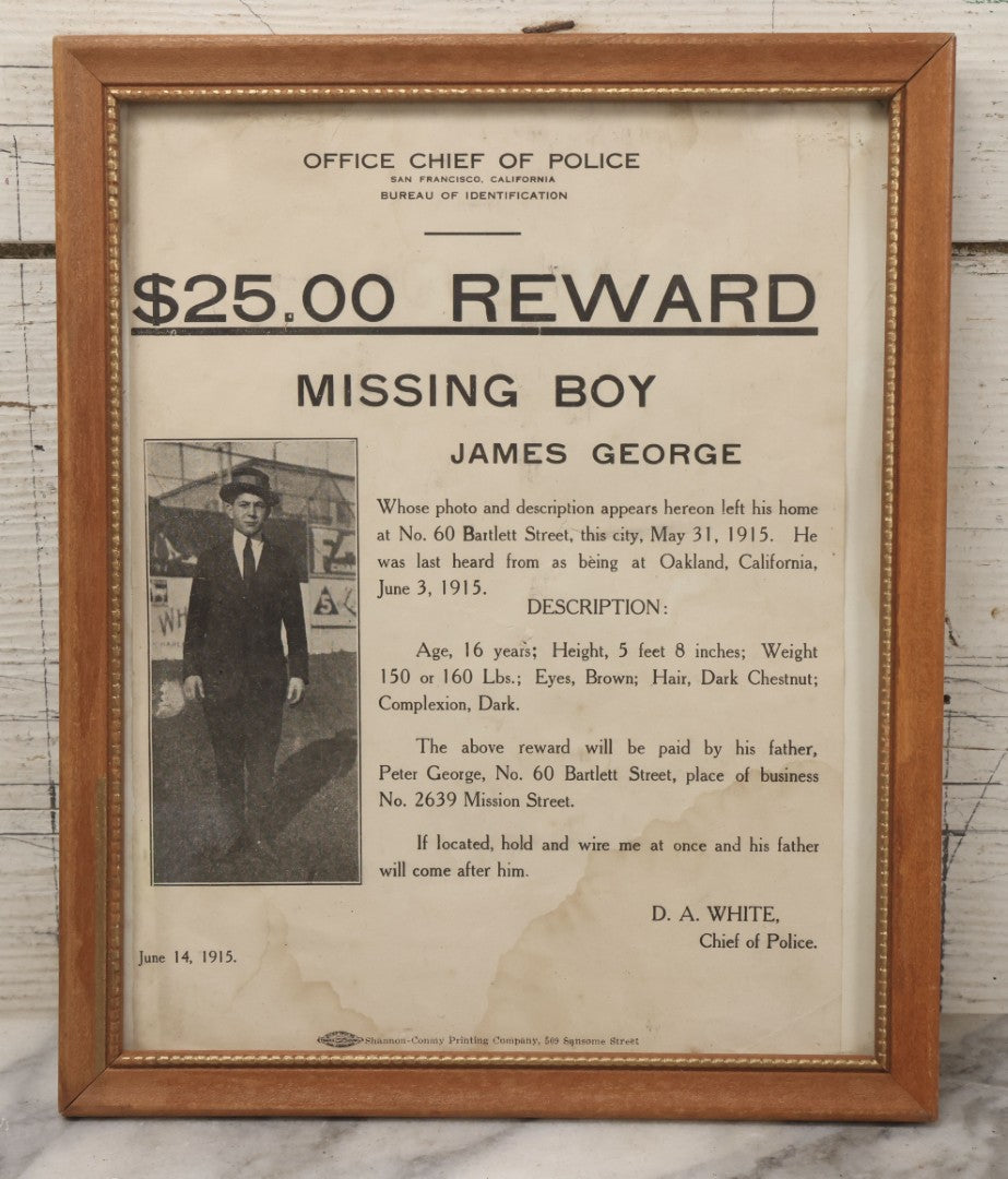 Lot 132 - Antique 1915 San Francisco Police Reward Poster For Missing Boy James George, In Frame, 9" x 11"