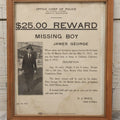 Lot 132 - Antique 1915 San Francisco Police Reward Poster For Missing Boy James George, In Frame, 9" x 11"
