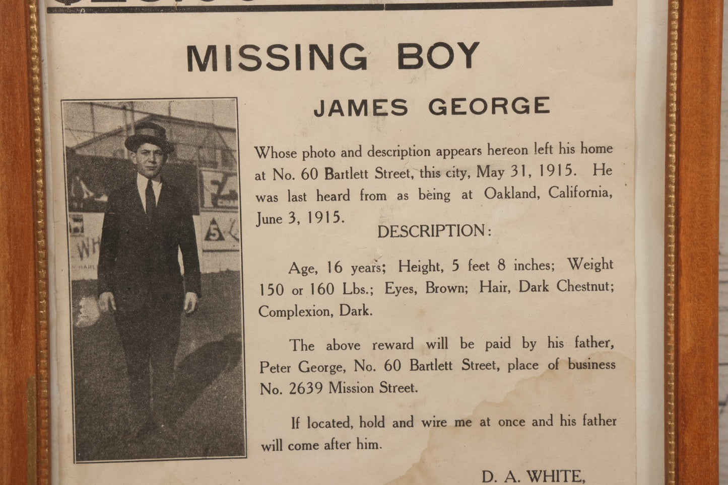 Lot 132 - Antique 1915 San Francisco Police Reward Poster For Missing Boy James George, In Frame, 9" x 11"