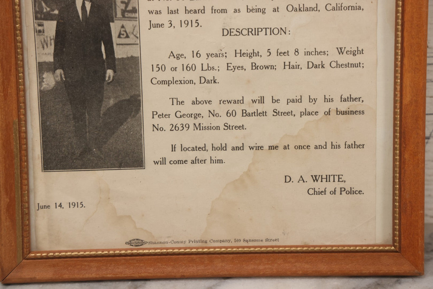 Lot 132 - Antique 1915 San Francisco Police Reward Poster For Missing Boy James George, In Frame, 9" x 11"