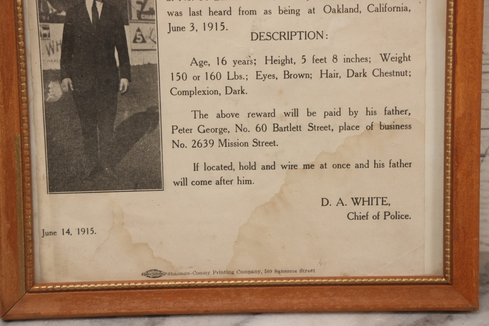 Lot 132 - Antique 1915 San Francisco Police Reward Poster For Missing Boy James George, In Frame, 9" x 11"