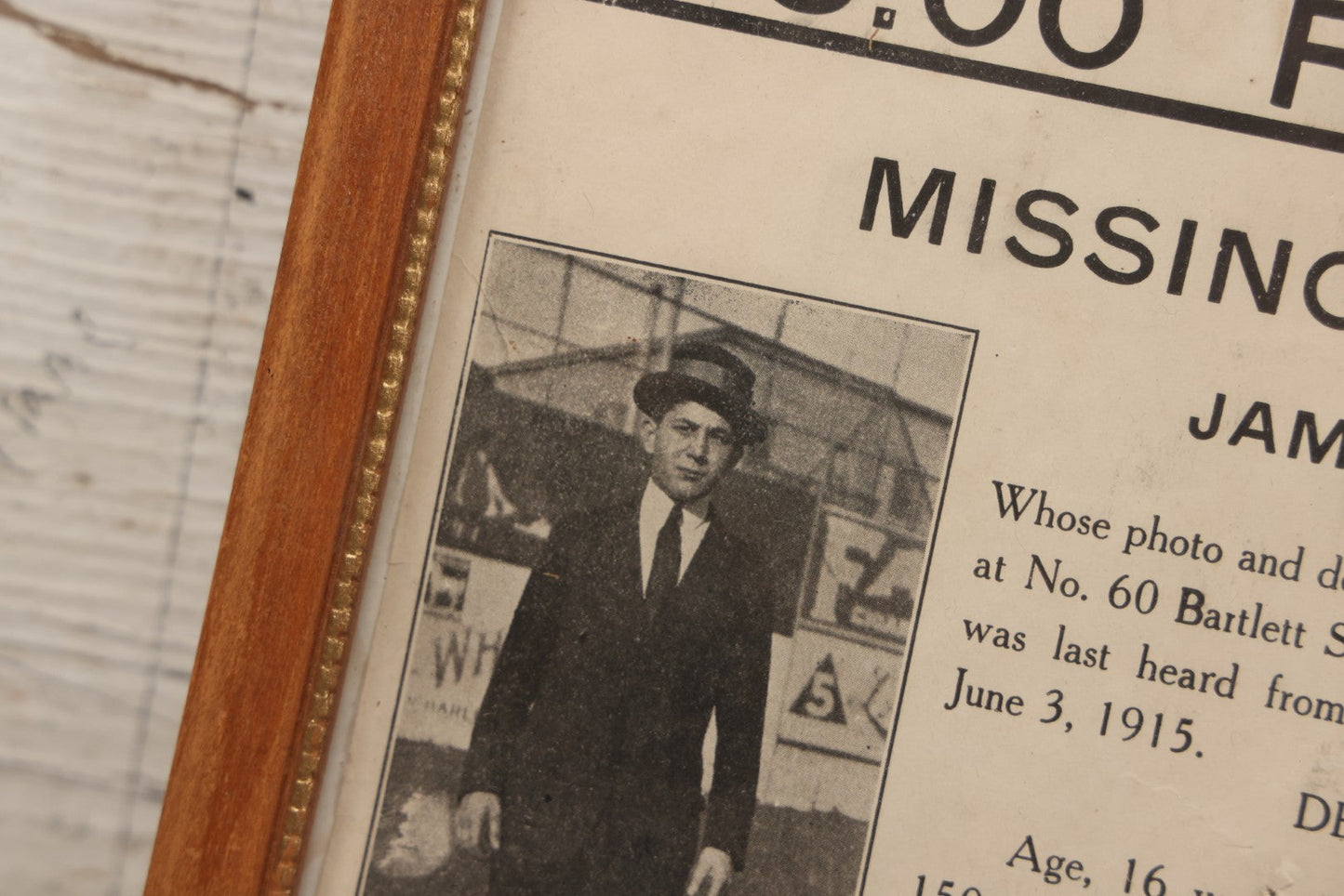 Lot 132 - Antique 1915 San Francisco Police Reward Poster For Missing Boy James George, In Frame, 9" x 11"