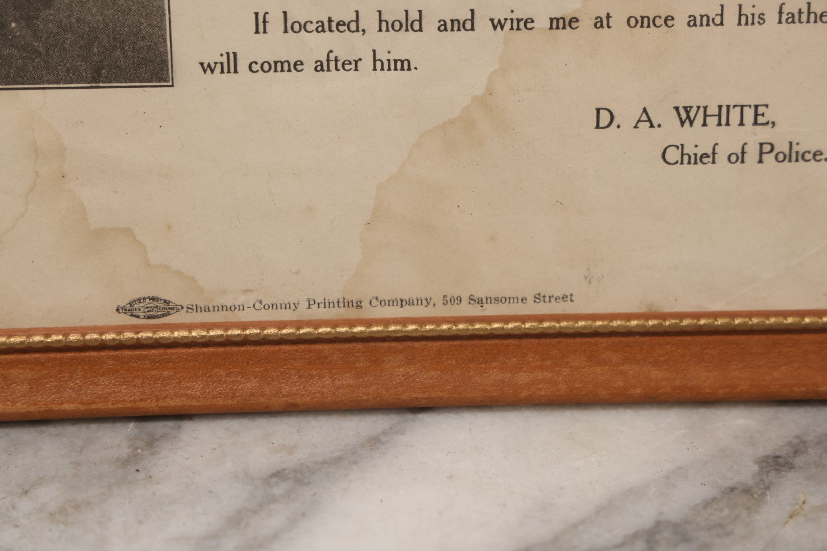 Lot 132 - Antique 1915 San Francisco Police Reward Poster For Missing Boy James George, In Frame, 9" x 11"