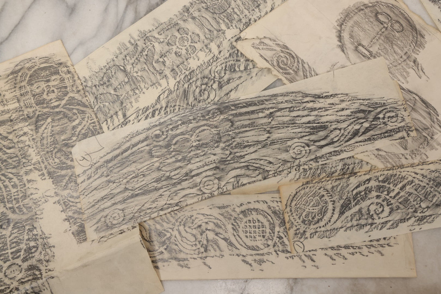 Lot 133 - Grouping Of Seven Vintage New England Gravestone Rubbing Fragments By Houston E. Bird, Fragmentary And Detail Studies On Long Paper Strips
