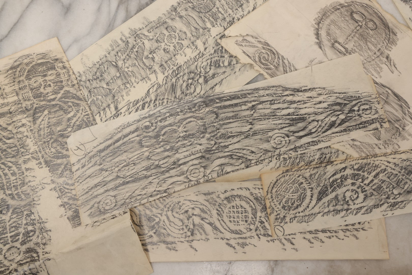 Lot 133 - Grouping Of Seven Vintage New England Gravestone Rubbing Fragments By Houston E. Bird, Fragmentary And Detail Studies On Long Paper Strips
