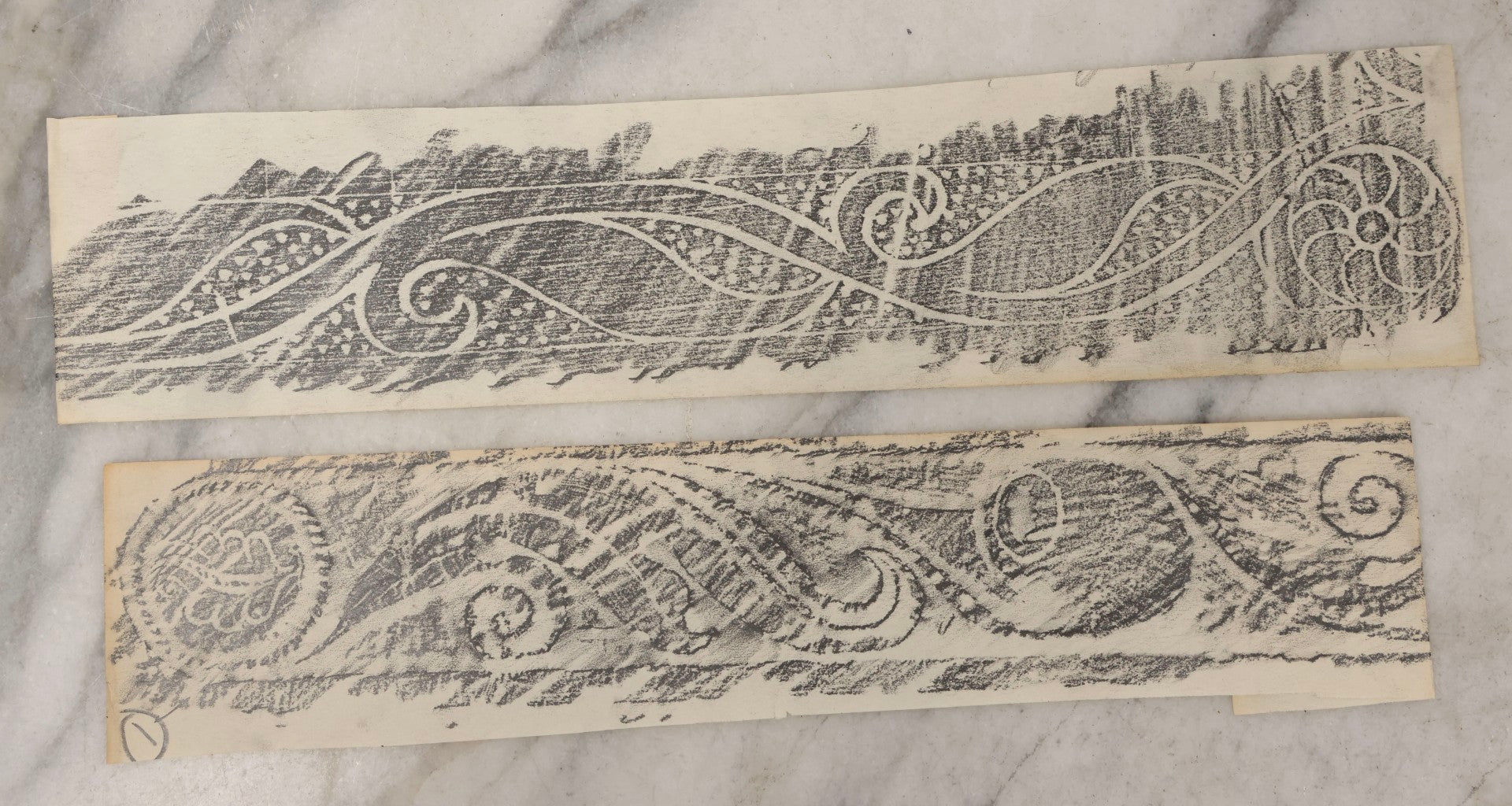 Lot 133 - Grouping Of Seven Vintage New England Gravestone Rubbing Fragments By Houston E. Bird, Fragmentary And Detail Studies On Long Paper Strips

