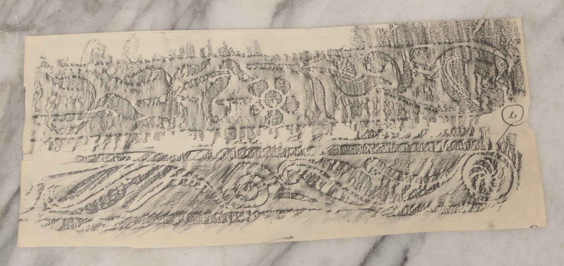 Lot 133 - Grouping Of Seven Vintage New England Gravestone Rubbing Fragments By Houston E. Bird, Fragmentary And Detail Studies On Long Paper Strips
