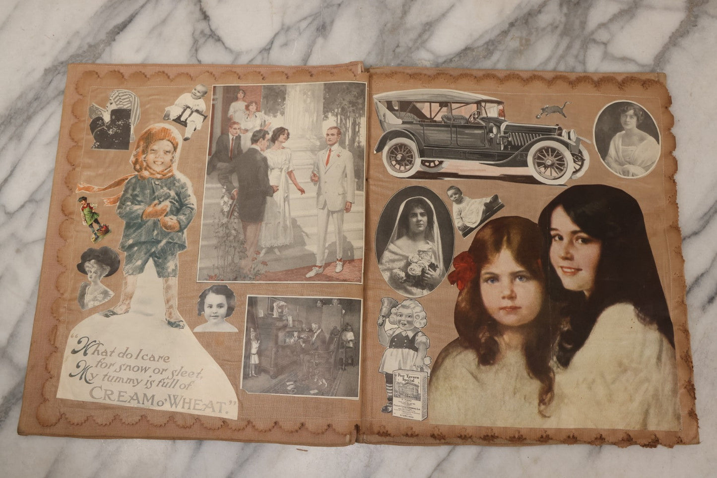 Lot 134 - Antique Linen Scrapbook With Fabric Pages Containing Over 100 Hand Cut Magazine Clippings Including Santa, Children, Animals, Kewpies, Women, Advertisements, And More Circa 1913