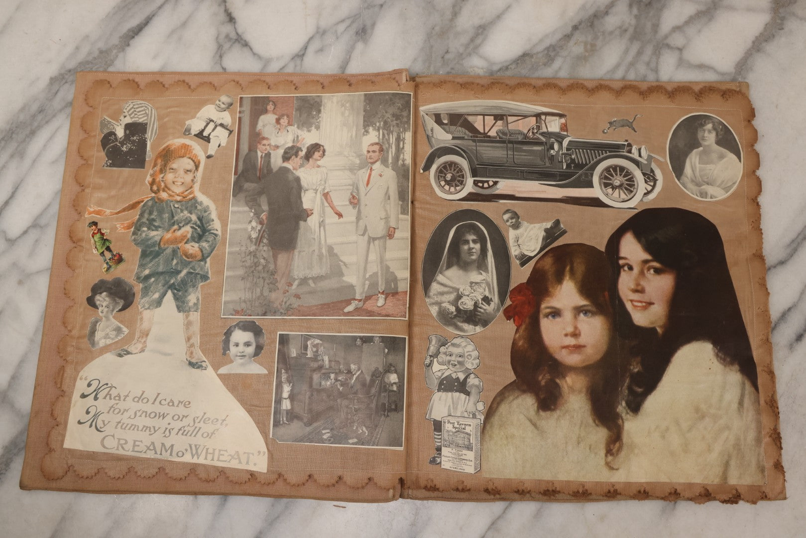 Lot 134 - Antique Linen Scrapbook With Fabric Pages Containing Over 100 Hand Cut Magazine Clippings Including Santa, Children, Animals, Kewpies, Women, Advertisements, And More Circa 1913