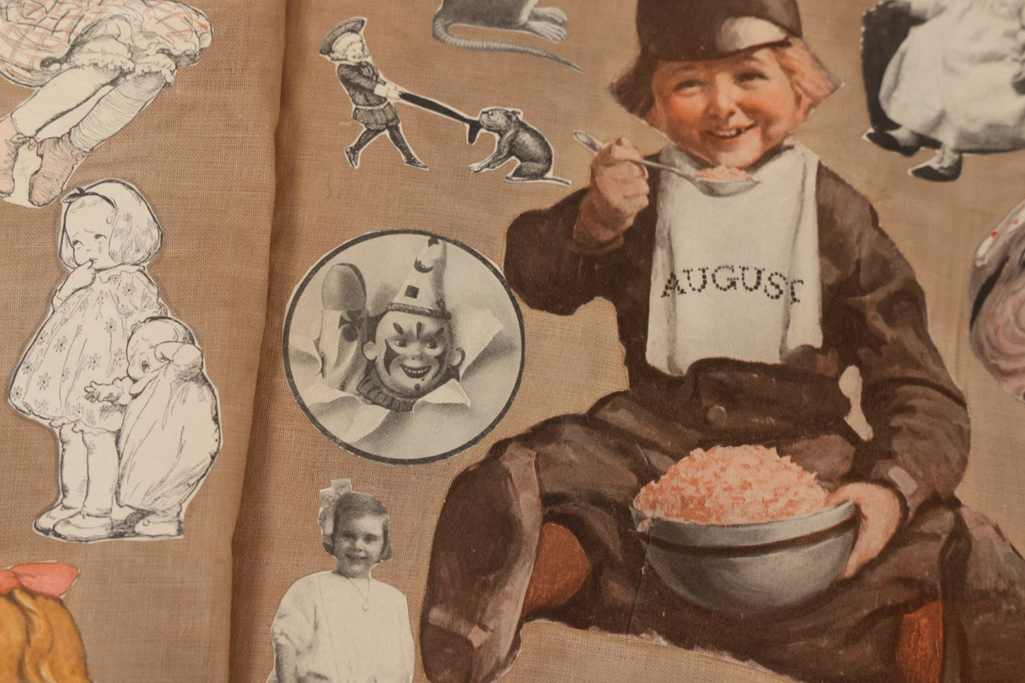 Lot 134 - Antique Linen Scrapbook With Fabric Pages Containing Over 100 Hand Cut Magazine Clippings Including Santa, Children, Animals, Kewpies, Women, Advertisements, And More Circa 1913