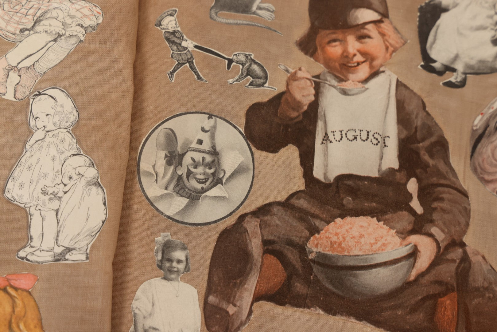 Lot 134 - Antique Linen Scrapbook With Fabric Pages Containing Over 100 Hand Cut Magazine Clippings Including Santa, Children, Animals, Kewpies, Women, Advertisements, And More Circa 1913