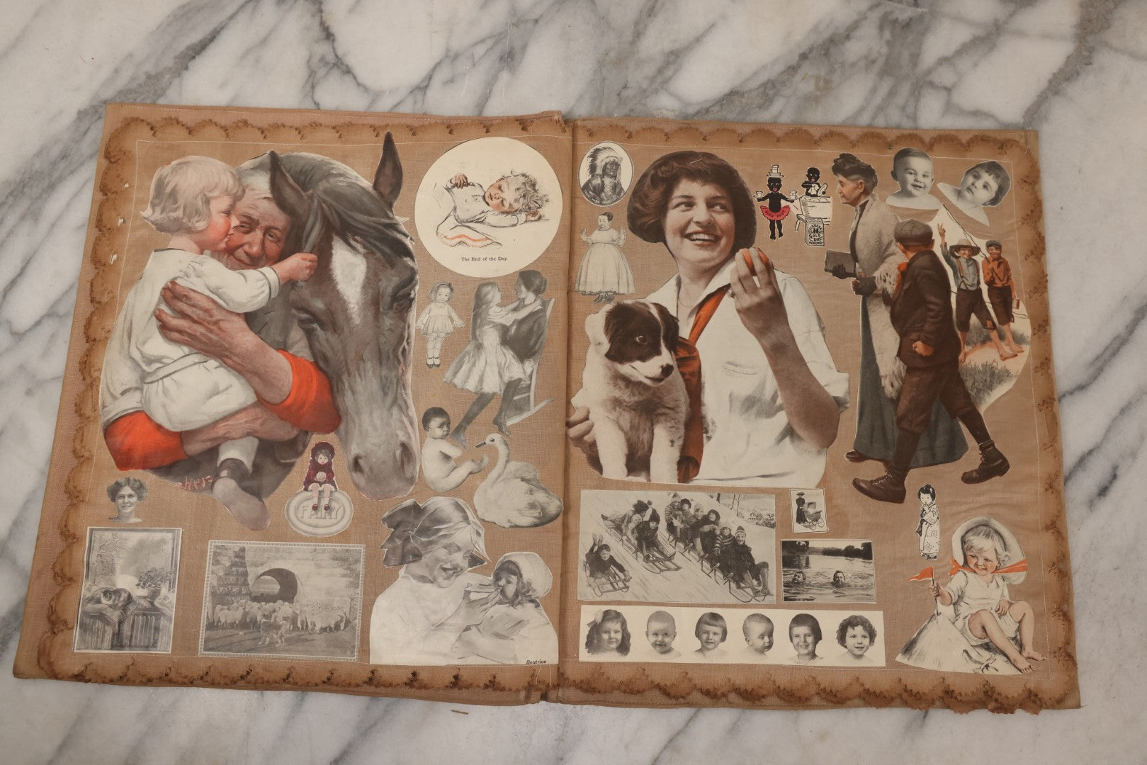 Lot 134 - Antique Linen Scrapbook With Fabric Pages Containing Over 100 Hand Cut Magazine Clippings Including Santa, Children, Animals, Kewpies, Women, Advertisements, And More Circa 1913