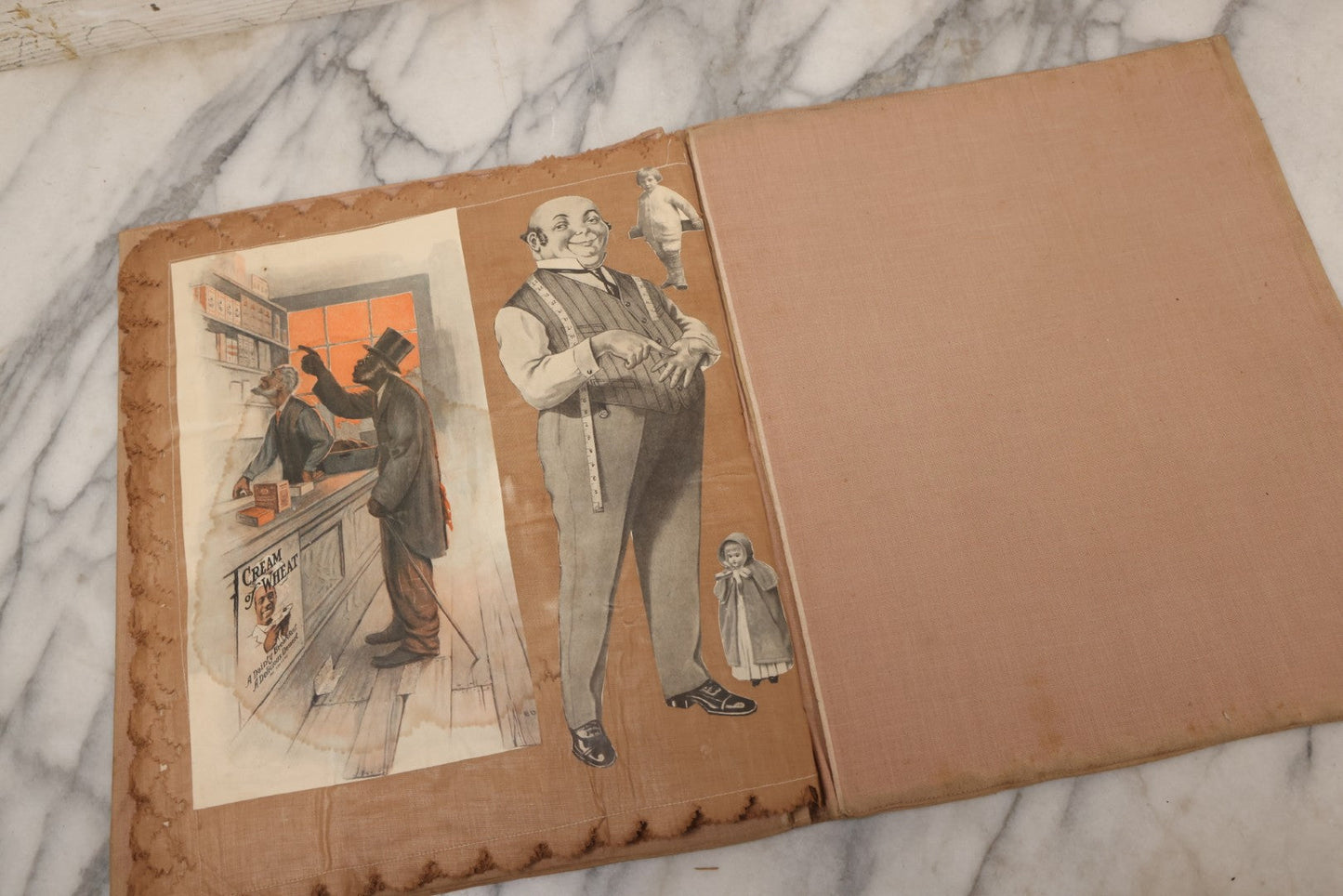 Lot 134 - Antique Linen Scrapbook With Fabric Pages Containing Over 100 Hand Cut Magazine Clippings Including Santa, Children, Animals, Kewpies, Women, Advertisements, And More Circa 1913