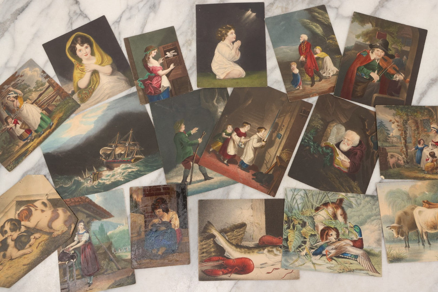 Lot 135 - Grouping Of 17 Antique Hand Colored Engravings And Lithographs With Full Color Scenes Including Figures, Still Lifes, And Genre Subjects