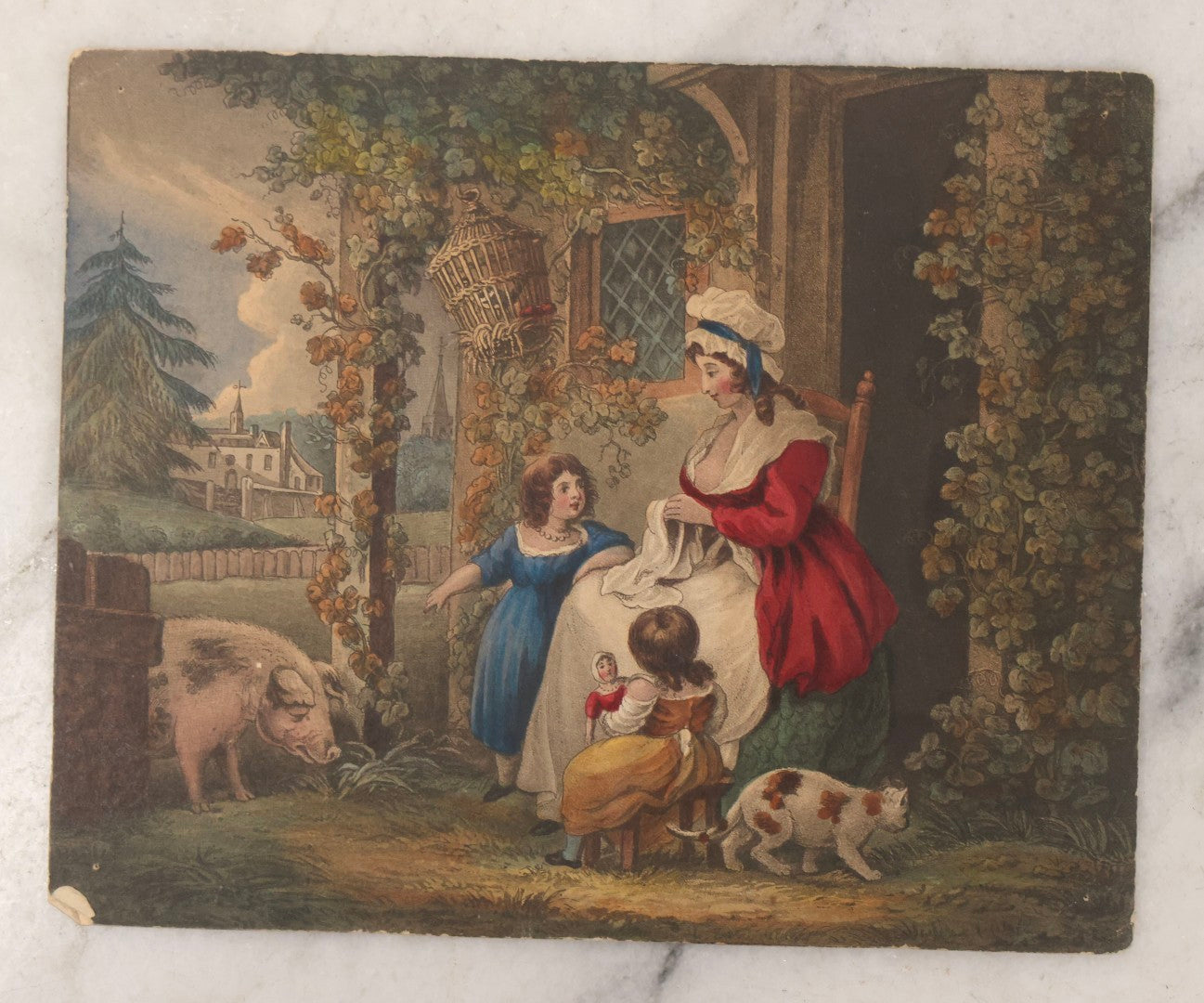 Lot 135 - Grouping Of 17 Antique Hand Colored Engravings And Lithographs With Full Color Scenes Including Figures, Still Lifes, And Genre Subjects