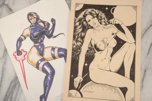 Lot 138 - Pair Of Vintage Erotic Pin Up Illustrations Including "Unseen Starlight" By Steve Woron And Original Superhero Pinup Drawing Signed D.A.R.