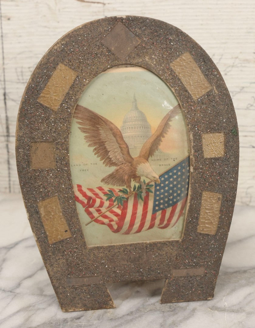 Lot 141 - Antique Patriotic Card "Land Of The Free, Home Of The Brave" In Glittered Horseshoe Frame, 6-1/8" x 8"