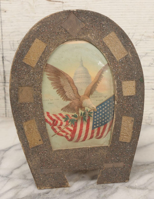 Lot 141 - Antique Patriotic Card "Land Of The Free, Home Of The Brave" In Glittered Horseshoe Frame, 6-1/8" x 8"