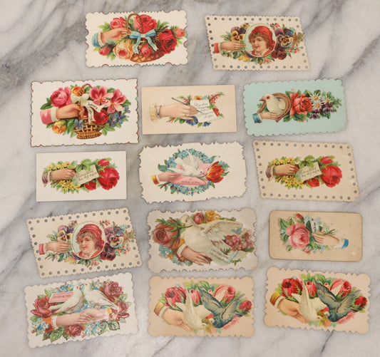 Lot 143 - Grouping Of 14 Antique Die Cut Chromolithograph Calling Cards With Hand, Bird, And Floral Motifs