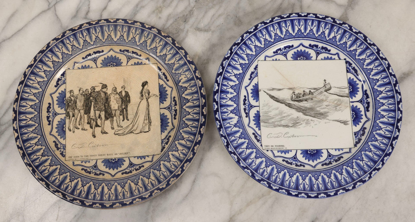 Lot 153 - Pair Of Antique Royal Doulton Decorative Plates With Life Publishing Co. Scenes By Charles Dana Gibson, 1900–1901, Including "They Go Fishing" And "She Goes To The Fancy Dress Ball As 'Juliet'," 10-1/2" Diameter Each