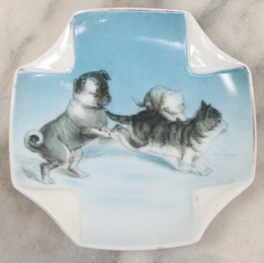 Lot 154 - Antique Transferware Plate With Bulldog, Cat, And Kitten Scene, Folded Corner Form, 4-3/4" x 4-3/4"