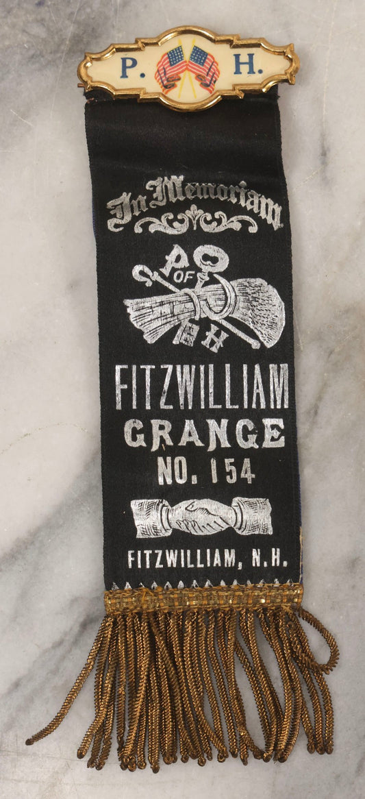 Lot 161 - Antique Patrons Of Husbandry P.H. Fitzwilliam, New Hampshire Grange No. 154 In Memoriam Fraternal Ribbon With Pin And Fringe, 8" H