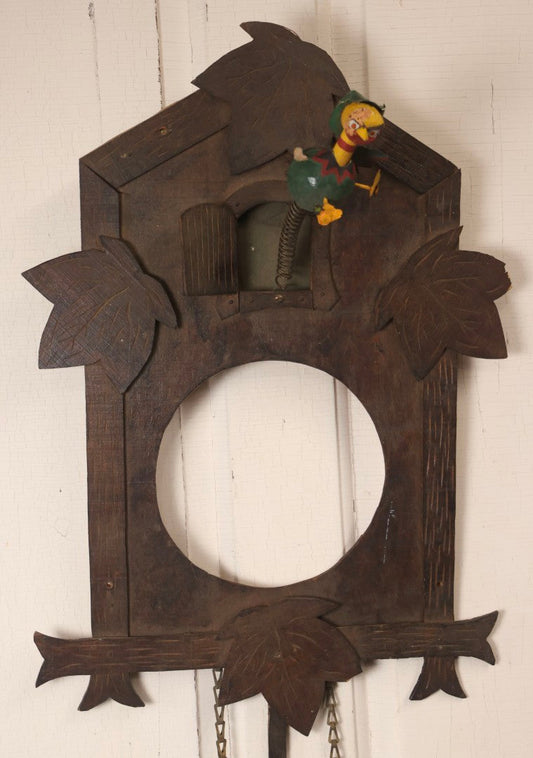 Lot 163 - Antique Folk Art Wooden Cuckoo Clock Cover With Spring-Mounted Cuckoo And Gilt Pine Cone Weights