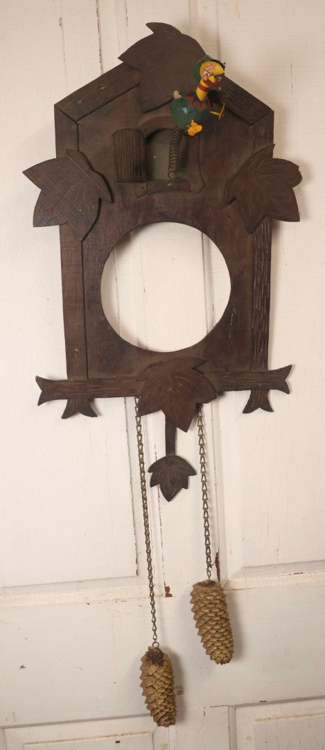 Lot 163 - Antique Folk Art Wooden Cuckoo Clock Cover With Spring-Mounted Cuckoo And Gilt Pine Cone Weights