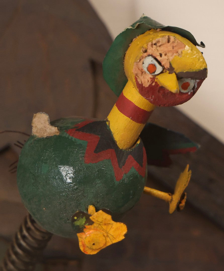 Lot 163 - Antique Folk Art Wooden Cuckoo Clock Cover With Spring-Mounted Cuckoo And Gilt Pine Cone Weights