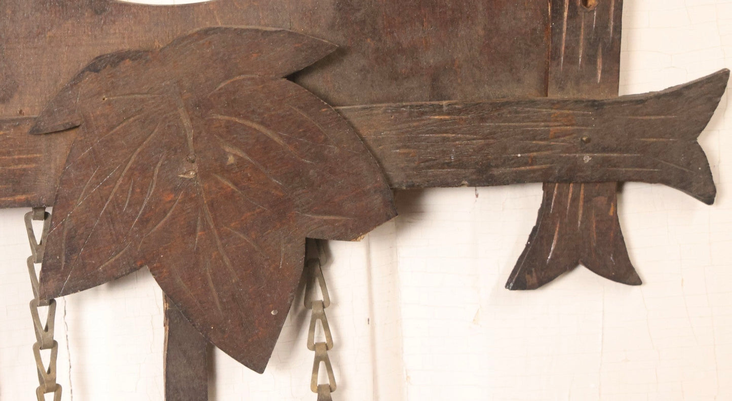 Lot 163 - Antique Folk Art Wooden Cuckoo Clock Cover With Spring-Mounted Cuckoo And Gilt Pine Cone Weights