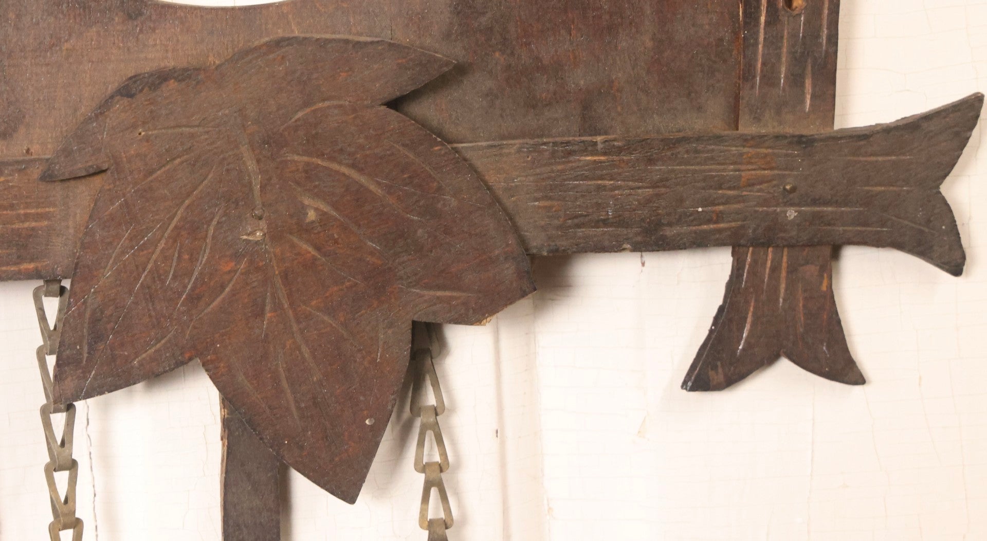 Lot 163 - Antique Folk Art Wooden Cuckoo Clock Cover With Spring-Mounted Cuckoo And Gilt Pine Cone Weights