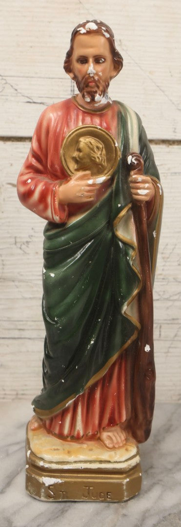 Lot 164 - Vintage Painted Plaster Statue Of St. Jude Holding Medallion, Made In Italy, 11-3/4" H