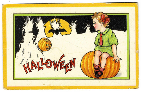 Lot 165 - Antique Embossed Halloween Postcard Depicting Child On Pumpkin Watching Jack-O'-Lantern And Ghosts Before Full Moon, Series 90 F, Early 1900s Unused
