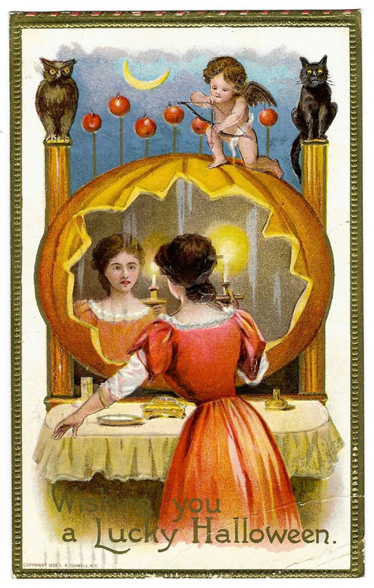 Lot 167 - Antique Embossed Halloween Postcard “Wishing You A Lucky Halloween” With Cupid, Mirror, And Black Cats, L.R. Conwell Copyright 1909, Postmarked 1910 St. Louis Mo, Written On Verso
