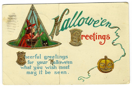 Lot 168 - Antique Embossed Halloween Postcard “Cheerful Greetings For Your Hallowe'en” With Witch, Black Cat, And Jack-O'-Lantern, Made In Saxony, Postmarked 1915 Lafayette Co, Written On Verso, Note Crease Damage