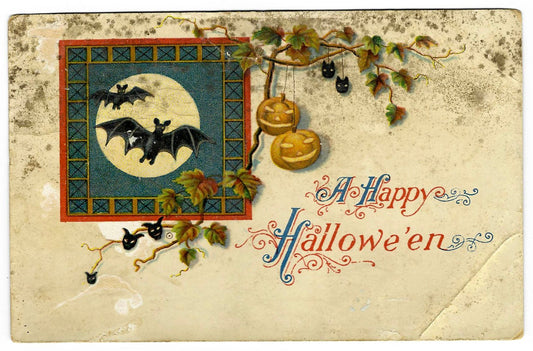 Lot 169 - Antique Halloween Postcard “A Happy Hallowe'en” With Bats, Jack-O'-Lanterns, And Ivy, Made In Saxony, Postmarked 1913 Providence Ri, Written On Verso