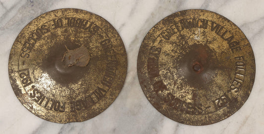 Lot 171 - Pair Of Antique Brass-Colored Tin Souvenir Cymbals From Greenwich Village Follies, 1921, "Symbol Of Success," 5-1/2" Diameter