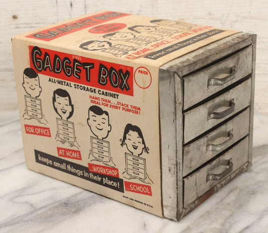 Lot 172 - Vintage Child's Toy Smalls Parts Storage, "Steel Gadget Box" All-Metal Storage Cabinet No. 60 In Original Illustrated Slipcase, 6" H