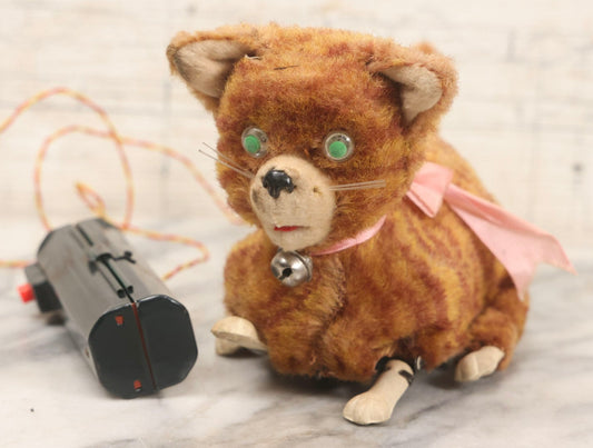 Lot 175 - Vintage Battery-Operated Animated Tabby Cat Toy With Light-Up Eyes And Wired Controller, Made In Japan, Working Condition