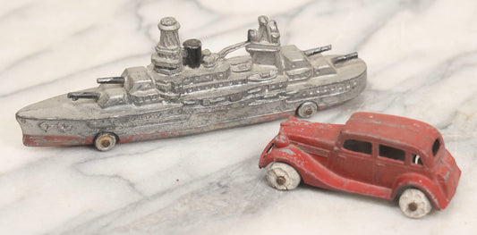 Lot 181 - Pair Of Vintage Metal Toy Vehicles Including "Tootsietoy" Red Car, 3" L, And Battleship, 5-3/4" L
