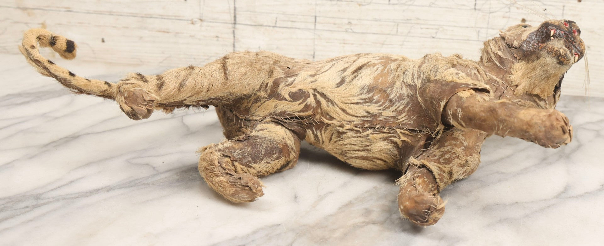 Lot 182 - Vintage Leather And Fur Wild Cat Tiger Model With Glass Eyes And Striped Tail, 8" H, Note Poor Condition