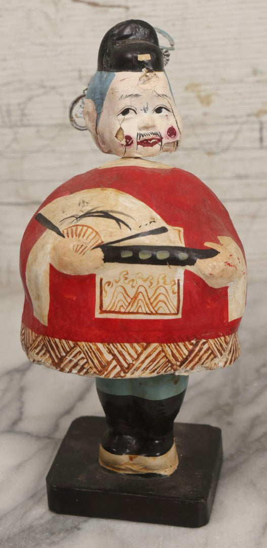 Lot 187 - Vintage Paper Mâché And Wire Figure With Red Jacket, Painted Fan, And Spring Wires On Head, Possibly Oriental Bobblehead Form