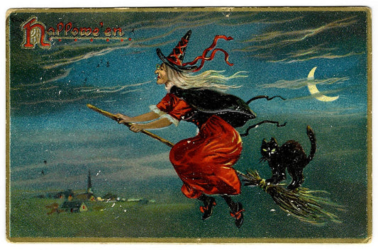 Lot 188 - Antique Embossed Halloween Postcard “Hallowe'en” With Witch Flying On Broom And Black Cat, Raphael Tuck & Sons Series No. 150, Made In Saxony, Postmarked 1908, Written On Verso