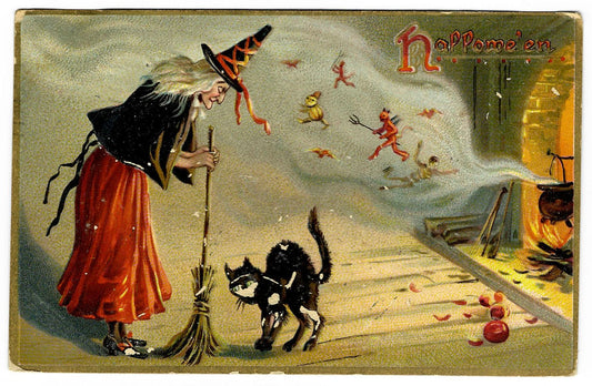 Lot 189 - Antique Embossed Halloween Postcard “Hallowe'en” With Witch, Black Cat, And Dancing Imps By The Fire, Raphael Tuck & Sons Series No. 150, Made In Saxony, Postmarked 1909, Written On Verso